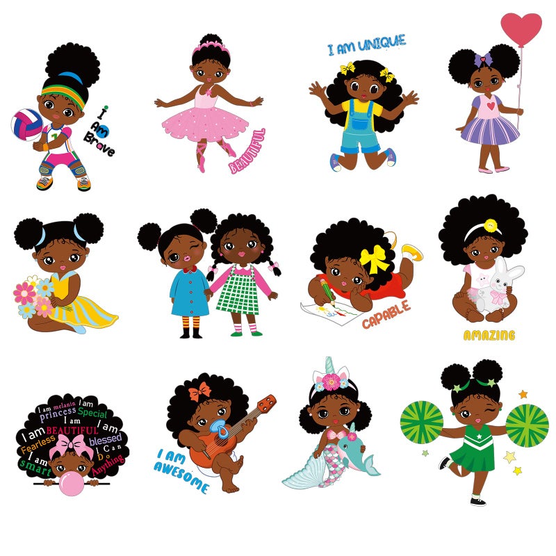 Junkin 12 Pcs Black Girl Iron on Patches T Shirt Iron on Transfer Decals Clothing Stickers for DIY Women Girl Coat Backpack Jackets DecorationModern Style