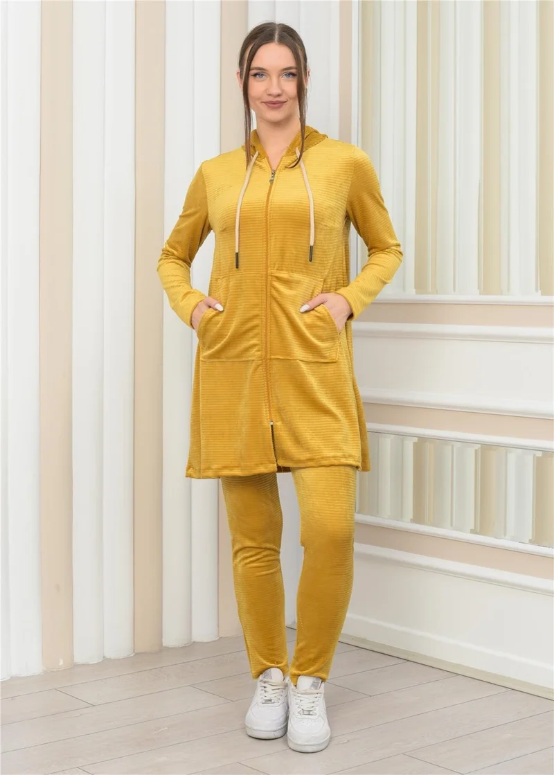 Nuseel Women's Hooded Zippered Tunic Pants Two Piece Set Mustard