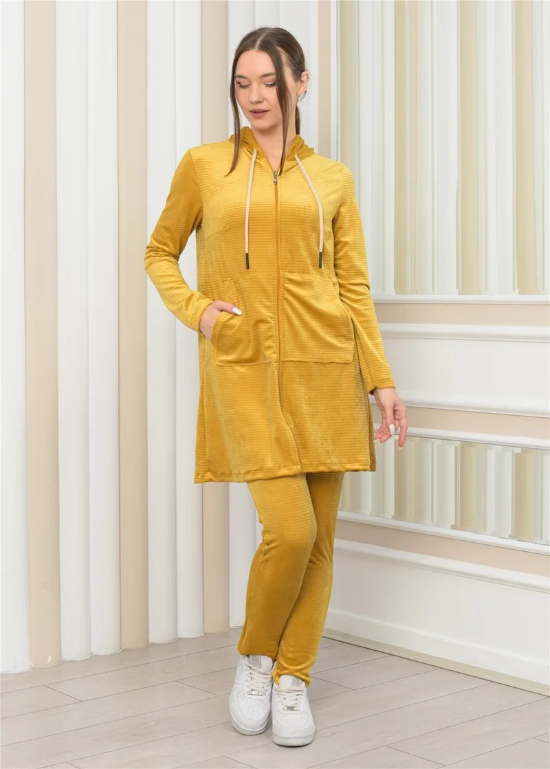 Nuseel Women's Hooded Zippered Tunic Pants Two Piece Set Mustard