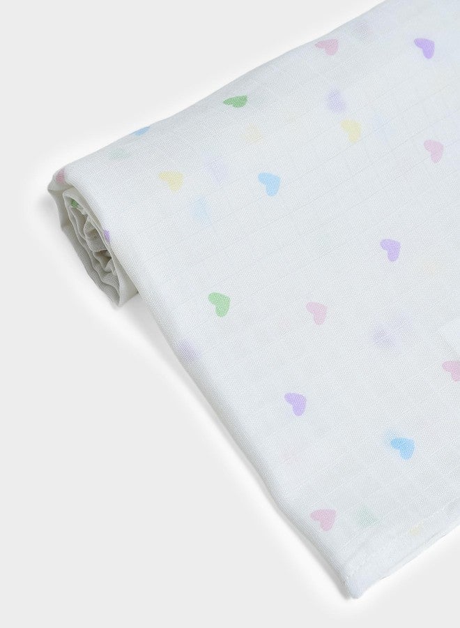 Mi Arcus Heart Printed Soft Muslin Swaddle Wrap for Newborn Babies - White, 0-12 Months, 100x100 cm - Image 2
