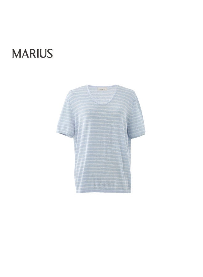 Marius "ma Xiao Tiao 2.0" Italian Brand Emiroglio Imported Linen Striped Knit Short Sleeve Shirt - Image 4