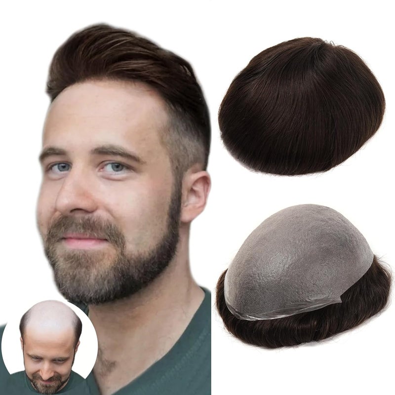 BEEOS 006mm Ultra Thin Skin Toupee for Men Vlooped Mens Hair Piece 8x10 Inch PU Base Hair Replacement System 2 Dark Brown