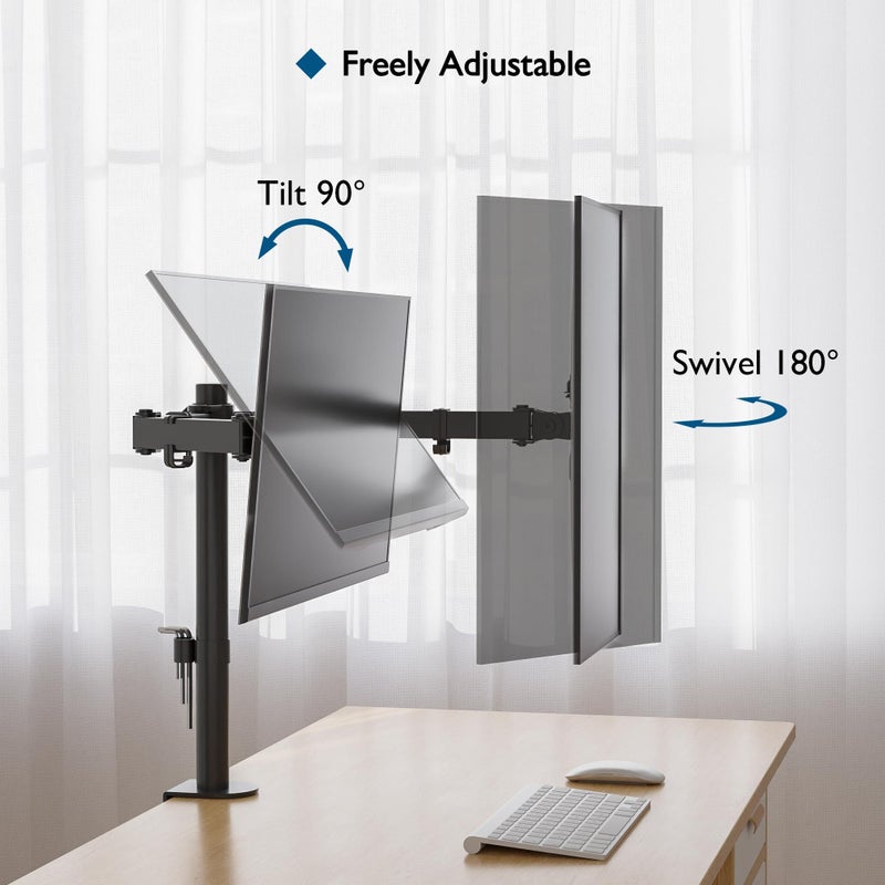 BONTEC Dual Monitor Desk Mount, Full Motion Adjustable Monitor Stand for 13â€“27 Inch Screens, Heavy Duty Arms Hold Up to 22 lbs Each, VESA 75x75/100x100 mm, C Clamp and Grommet Base, Cable Management - Image 4