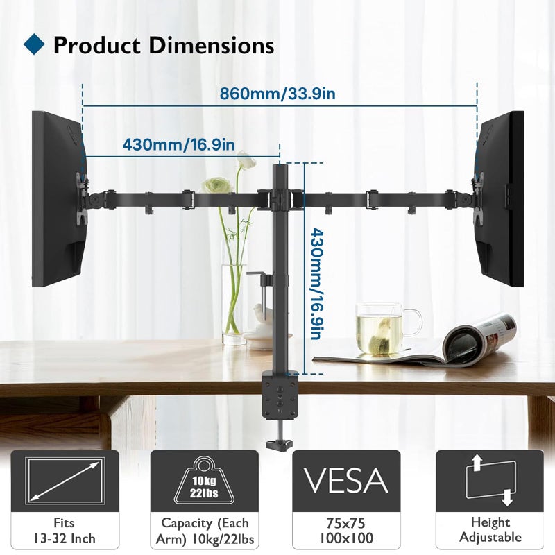 BONTEC Dual Monitor Desk Mount, Full Motion Adjustable Monitor Stand for 13â€“27 Inch Screens, Heavy Duty Arms Hold Up to 22 lbs Each, VESA 75x75/100x100 mm, C Clamp and Grommet Base, Cable Management - Image 3
