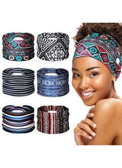 6 Pieces Headband with Buttons for Mask African Boho Knot Turban Headbands Nurse Elastic Headbands Sport Beach Hair Accessories for Women Girls (Attractive Patterns)