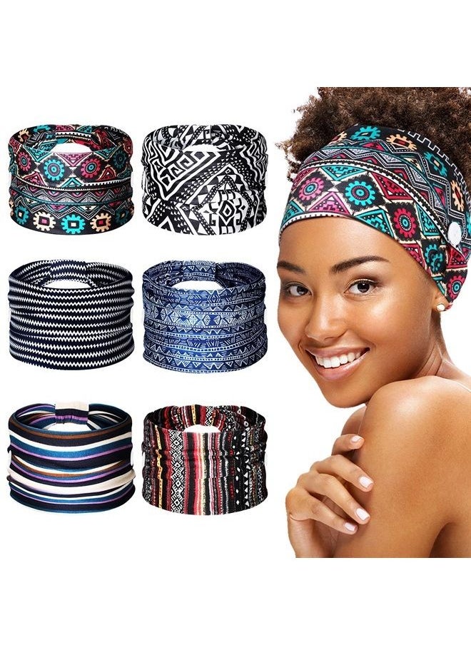 Chuangdi - 6 Pieces Headband with Buttons for Mask African Boho Knot Turban Headbands Nurse Elastic Headbands Sport Beach Hair Accessories for Women Girls (Attractive Patterns) - Image 1