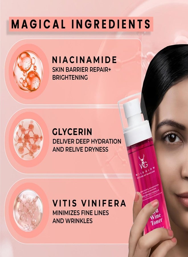 WILDGLOW 7in1 Red Wine 10% Niacinamide Face Toner for Oily & Acne Prone Skin | Toner for Pore Cleansing, Open Pores Tightening & Glowing Skin | Real Wine Extract & Vitamin B3 | For Women & Men | 120ml - Image 2