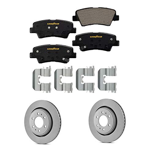 Goodyear Brakes PRK3607R | Rear Brake Kit w/Pair (2) of Coated Brake Rotors & Ceramic Brake Pads fit Hyundai Elantra 19-11, Elantra Coupe 14-13, Elantra GT 19-13 & More - See Applications Below - Image 1