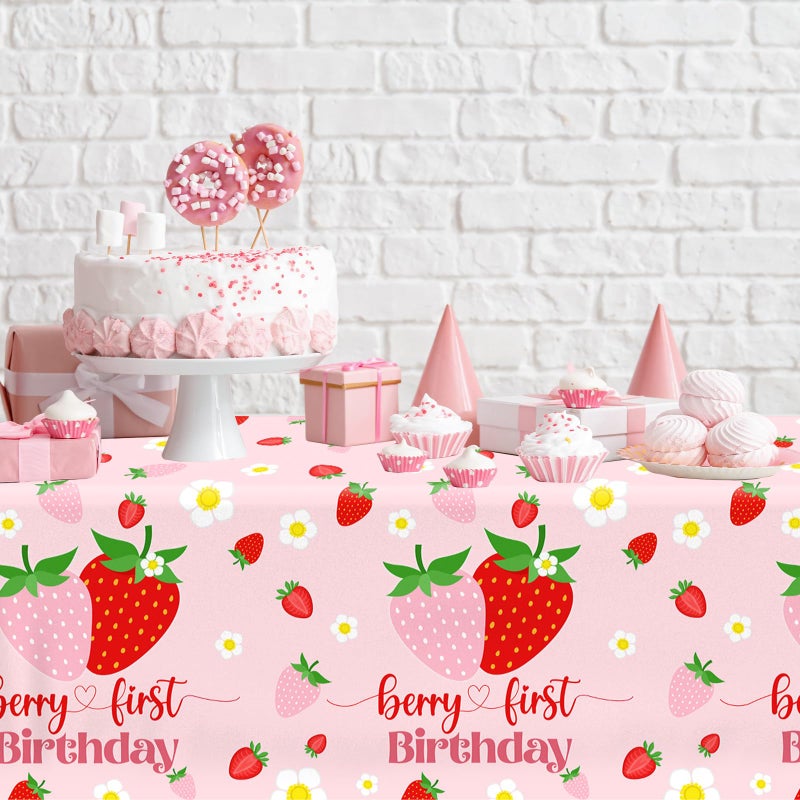 Dydamud Berry First Birthday Decor, 3Pcs Strawberry Tablecloth Plastic Table Cover Strawberry 1st Birthday Decorations for Girl - Image 4