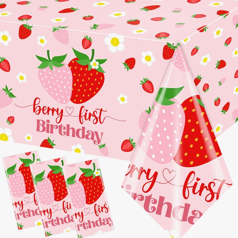 Dydamud Berry First Birthday Decor, 3Pcs Strawberry Tablecloth Plastic Table Cover Strawberry 1st Birthday Decorations for Girl - Image 1