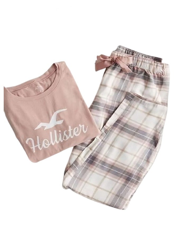 Generic - Summer checkered home pants pajama set - pink - Image 1