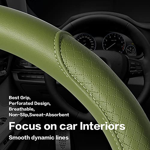 VARGTR Steering Wheel Cover - Microfiber Leather with Classic Embossing, Anti-Slip Breathable Fit 15 Inch Wheel Protector (Green) - Image 2