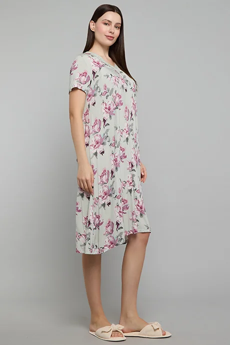 أر أند بي Floral Print Nightdress with V-Neck and Short Sleeves