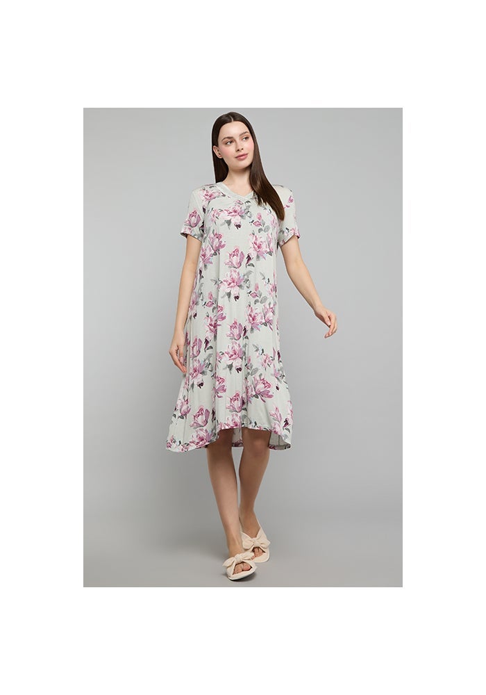 R&B Floral Print Nightdress with V-Neck and Short Sleeves - Image 5