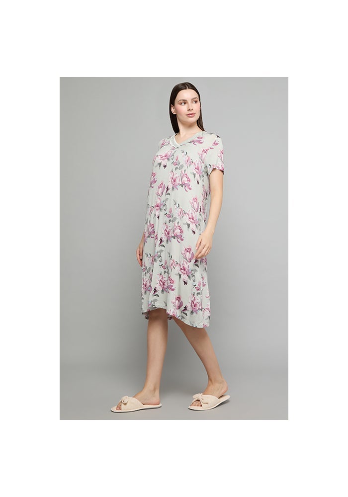 R&B Floral Print Nightdress with V-Neck and Short Sleeves - Image 3