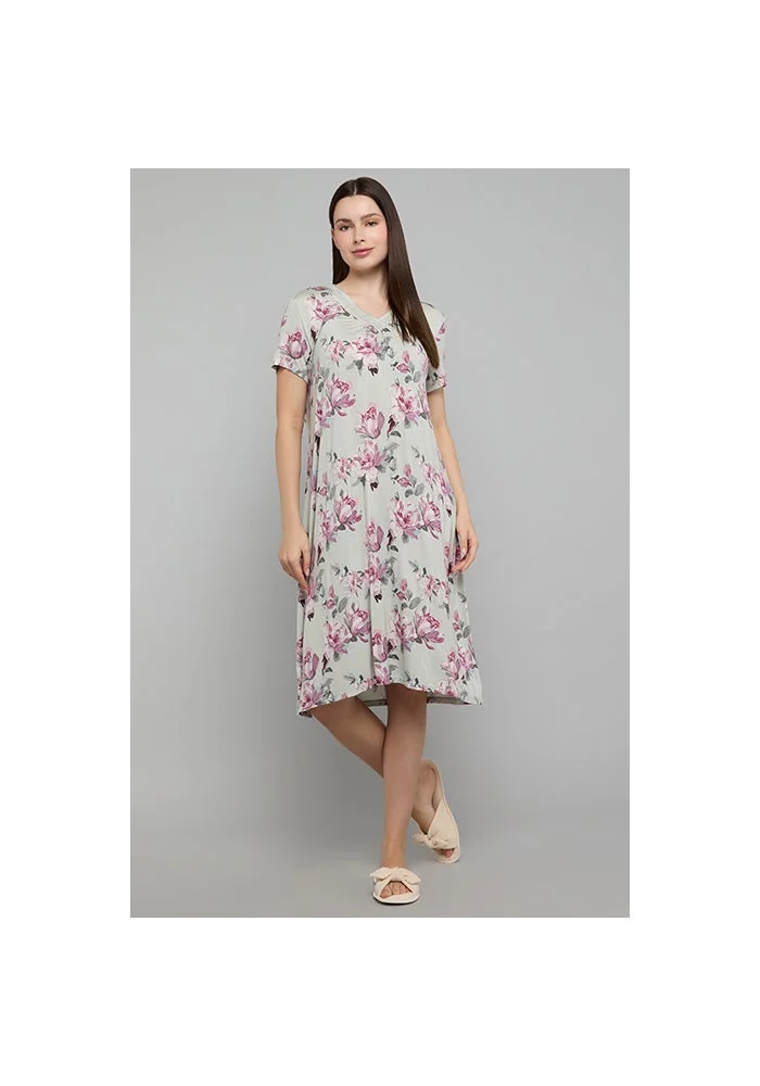 R&b Floral Print Nightdress with V-Neck and Short Sleeves