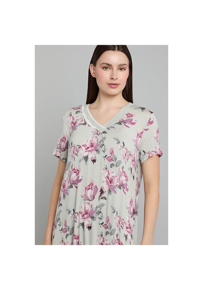 R&B Floral Print Nightdress with V-Neck and Short Sleeves - Image 4