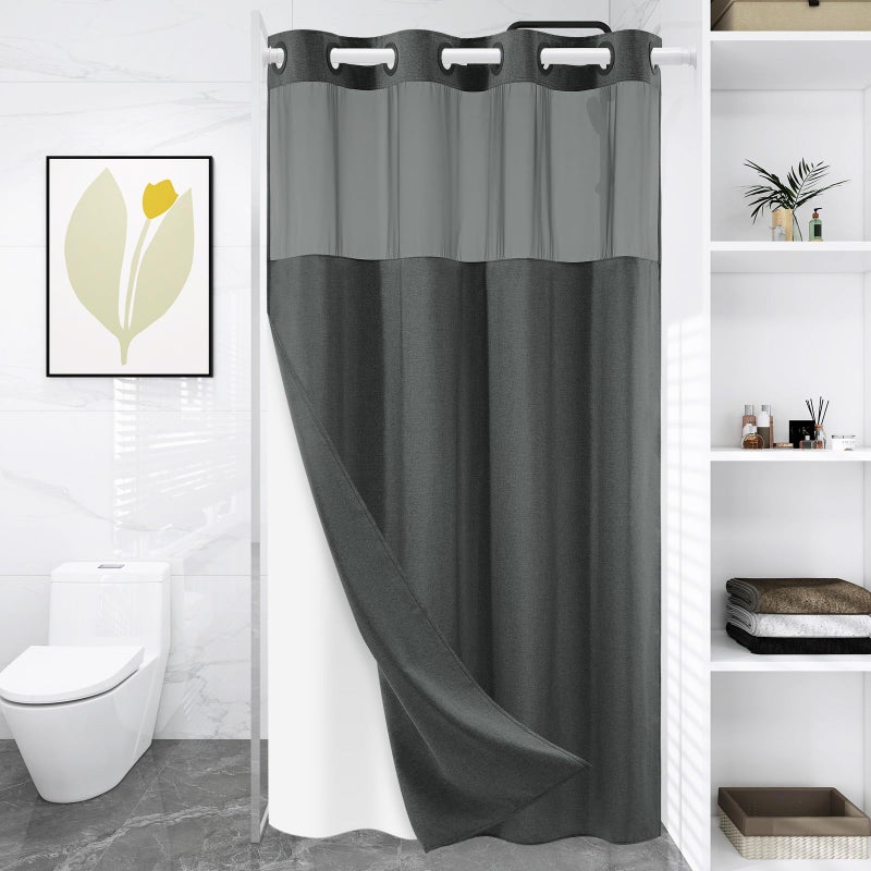 WONICY Small No Hook Shower Curtain with Snap in Liner  Polyester Textured Shower Curtain with Liner Set  Waterproof Washable Hotel Style Shower Curtains for Bathroom  54Wx80H  Charcoal Grey - Image 1