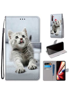 HuHa Case Cover For Realme 5 / 5s / 5i / C3 / C3i / 6i / Narzo10 / 10A / 20A Coloured Drawing Cross Texture Horizontal Flip PU Leather Case with Holder & Card Slots & Wallet & Lanyard Small Gray Cat 