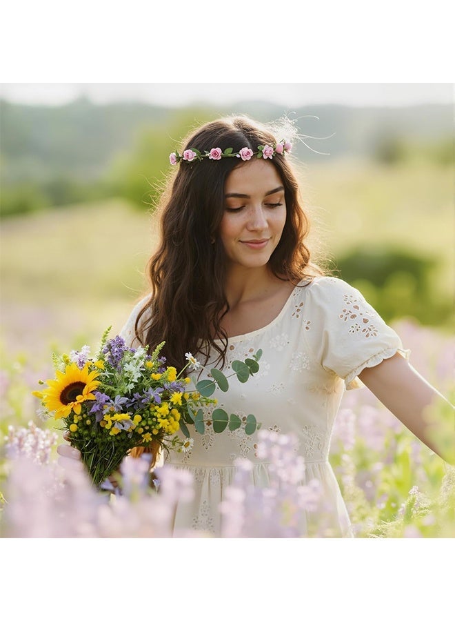 3PCS Flower Crown Floral Garland Headband Set, Pink Purple Orange Bridal Headpiece for Wedding Party Photoshoot Festival Hair Accessories - Image 5