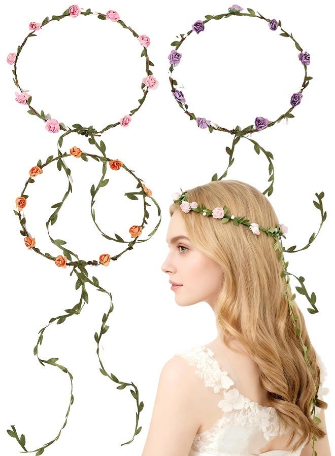 3PCS Flower Crown Floral Garland Headband Set, Pink Purple Orange Bridal Headpiece for Wedding Party Photoshoot Festival Hair Accessories - Image 1