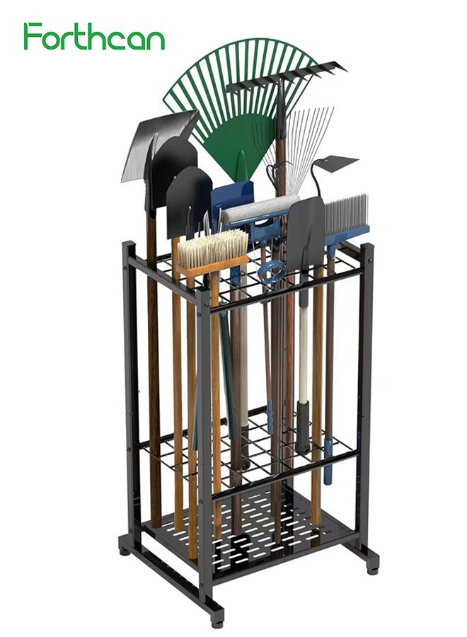 Forthcan Garden Tool Organizer Rack, Metal Storage Stand for Rakes, Shovels, Brooms, Long-Handled Tools, Garage & Outdoor Tool Holder Shelf - Image 1