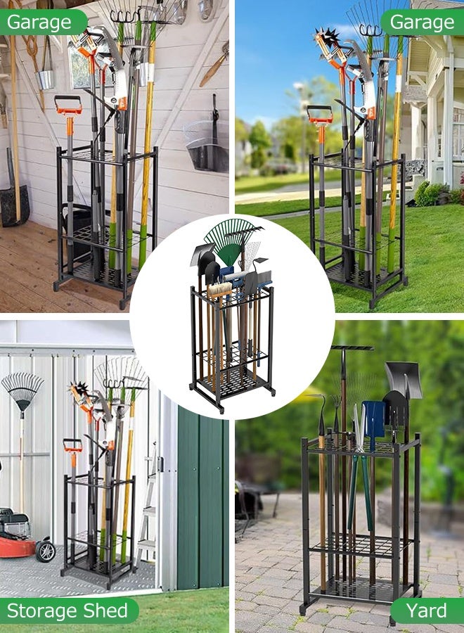 Forthcan Garden Tool Organizer Rack, Metal Storage Stand for Rakes, Shovels, Brooms, Long-Handled Tools, Garage & Outdoor Tool Holder Shelf - Image 2