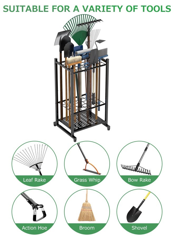 Forthcan Garden Tool Organizer Rack, Metal Storage Stand for Rakes, Shovels, Brooms, Long-Handled Tools, Garage & Outdoor Tool Holder Shelf - Image 3