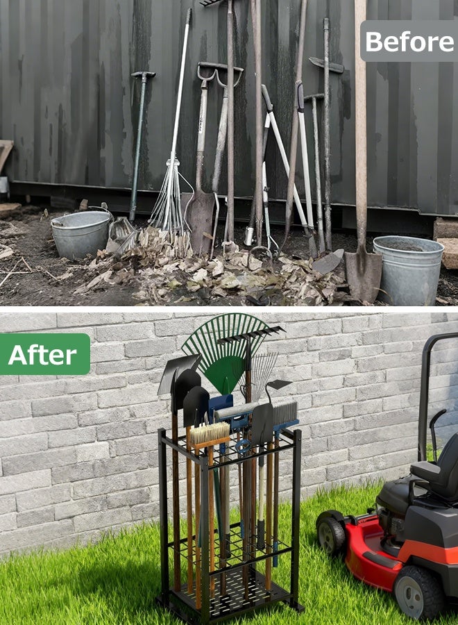 Forthcan Garden Tool Organizer Rack, Metal Storage Stand for Rakes, Shovels, Brooms, Long-Handled Tools, Garage & Outdoor Tool Holder Shelf - Image 4