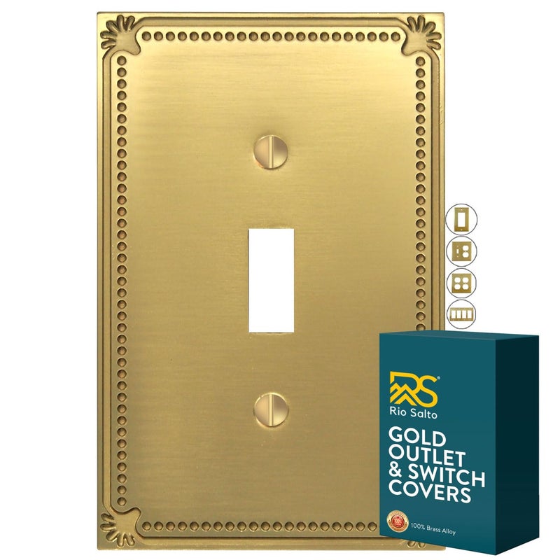 Rio Salto Pearl Collection Brushed Brass Gold Toggle Flip Switch Light Switch Cover Plate â€“ Single Gang Metal Wall Plates Outlet Covers 5" x 3.13" Beaded Pearl Luxury Artisanal Premium Wall Plate - Image 1