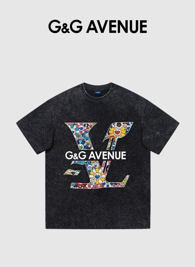 G&G AVENUE Heavy cotton fabric Men's retro oversized T-shirt with letter pattern printed round neck short top, street clothing, cotton short sleeves, black - Image 1