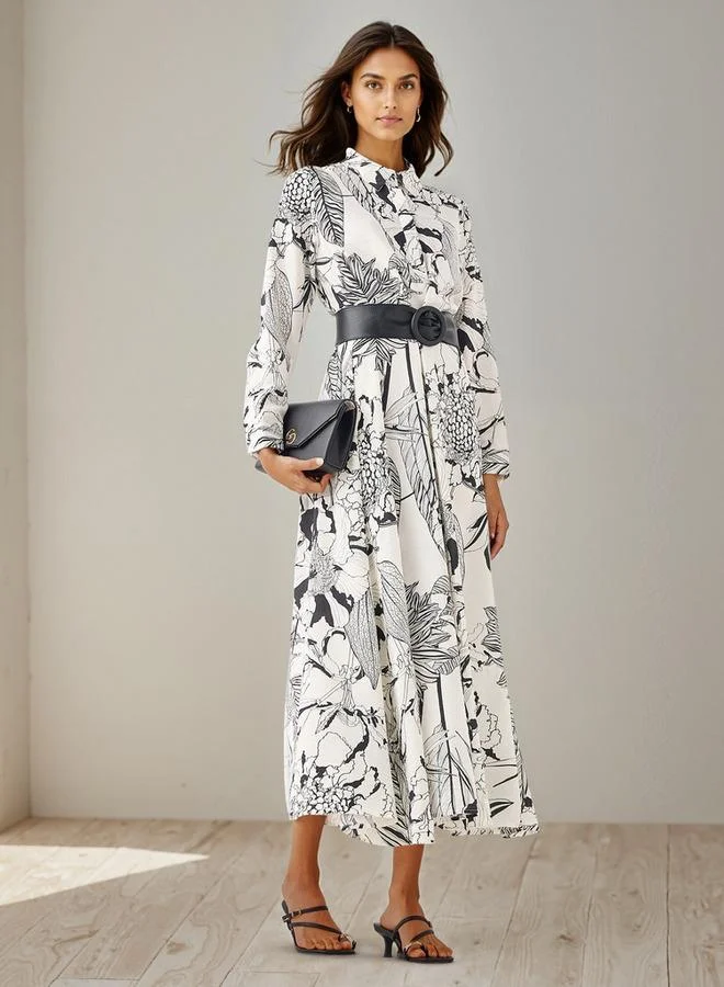 Iconic Iconic Printed Trapeze Maxi Dress with Collar and Long Sleeves