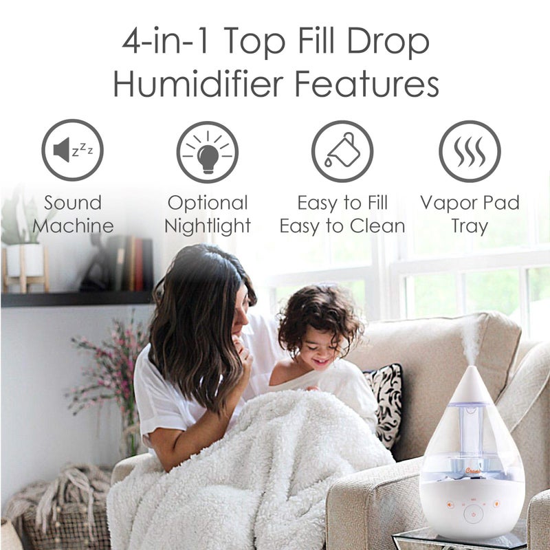 Crane White Drop 4 in 1 Ultrasonic Cool Mist Top Fill Humidifier with Sound Machine, 1 Gallon Tank, For Large Rooms, Clear and White, Baby Nursery Humidifier - Image 2