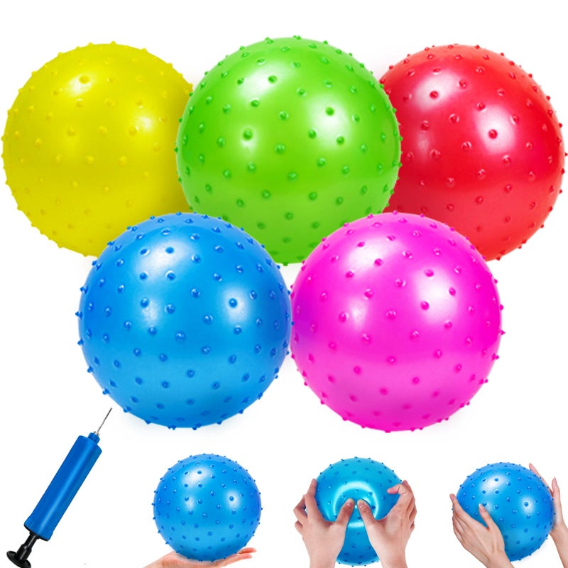Hymaz 5 Pack Knobby Balls Bulk 9 Inch Sensory Balls Bouncy Balls Sport Toys Spiky Massage Stress Balls  Sensory Toys Balls Party Favors  Stocking Stuffers for Kids Toddlers Fun Beach Ball with Pump - Image 1