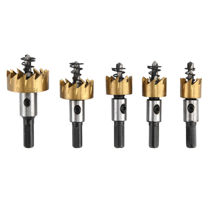 Carbide Teeth Hole Saw Set 5-Piece HSS - Precise Grinding Design Gear Step Guide Bit for Stainless Steel Iron Aluminum Plastic - Image 2