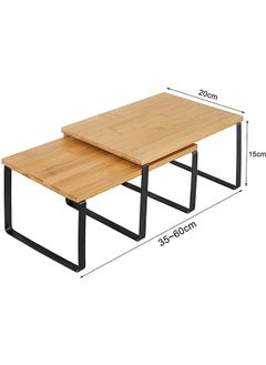 LENND Cabinet Shelf Organizers, Set of 2 Kitchen Counter Shelves, Stackable, Expandable, Metal and Bamboo, Black and Natural  - Image 3