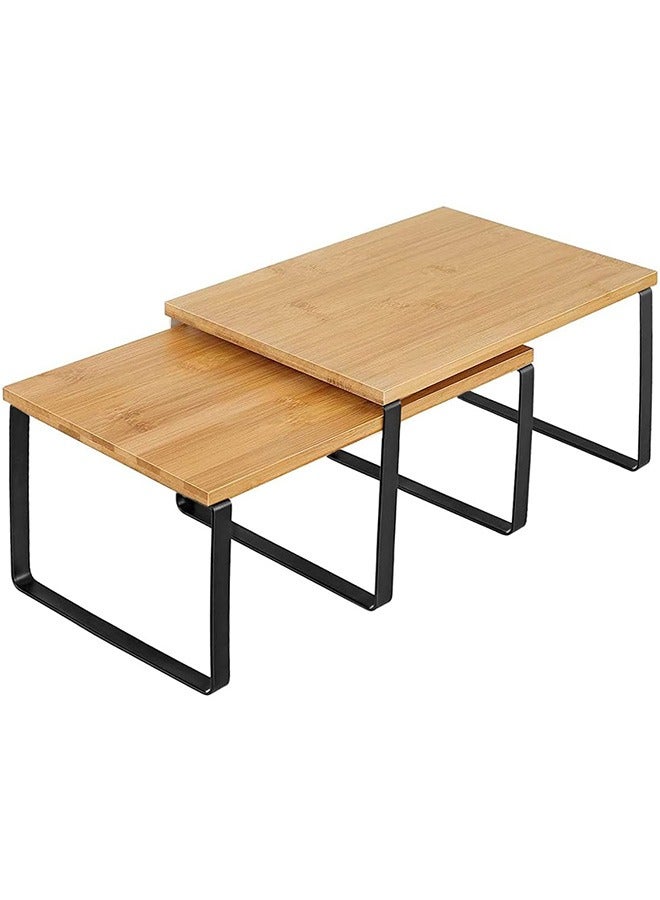 لينند منظمات أرفف الخزانة، مجموعة من 2 رفوف لطاولة المطبخ، قابلة للتكديس والتوسيع، معدنية وخيزران، أسود وطبيعي - Image 1