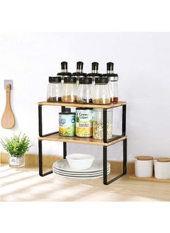 LENND Cabinet Shelf Organizers, Set of 2 Kitchen Counter Shelves, Stackable, Expandable, Metal and Bamboo, Black and Natural  - Image 4