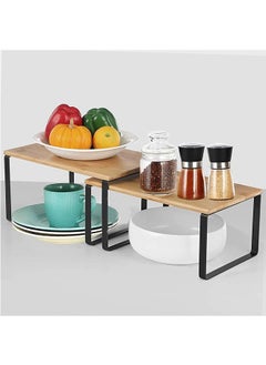 LENND Cabinet Shelf Organizers, Set of 2 Kitchen Counter Shelves, Stackable, Expandable, Metal and Bamboo, Black and Natural  - Image 5