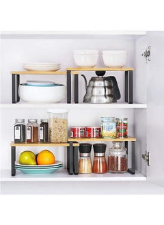 LENND Cabinet Shelf Organizers, Set of 2 Kitchen Counter Shelves, Stackable, Expandable, Metal and Bamboo, Black and Natural  - Image 2