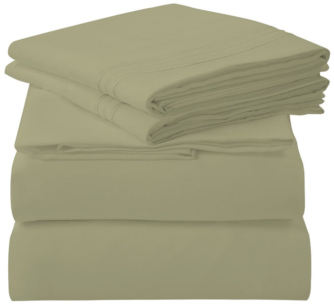 4 PIECE CAL KING SHEETS SET SOFT BRUSHED 1800 MICROFIBER 1 FITTED 1 FLAT SHEET 2 PILLOW CASES WRINKLE FREE FADE RESISTANT HOTEL LUXURY BED SHEETS SAGE GREEN CAL KING