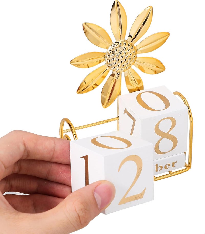 Wooden Perpetual Block Calendar Sunflower Design Small Desktop Decorative Calendar for Home and Office Reusable Household Wood Desk - Image 4
