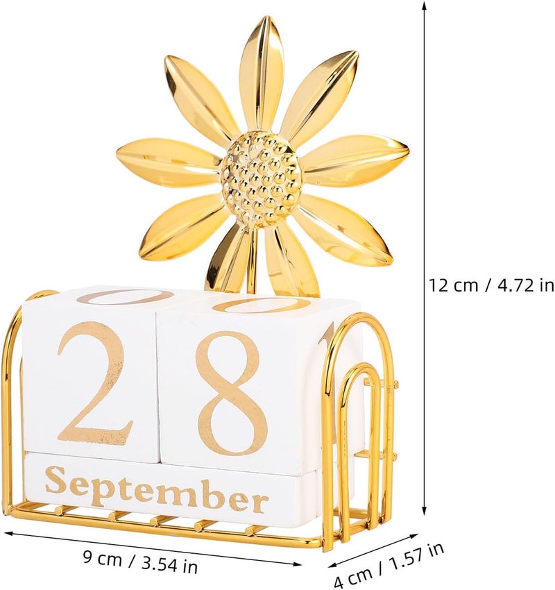 Wooden Perpetual Block Calendar Sunflower Design Small Desktop Decorative Calendar for Home and Office Reusable Household Wood Desk - Image 2