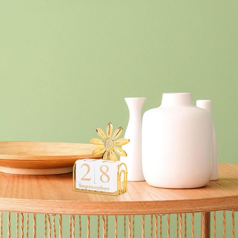 Wooden Perpetual Block Calendar Sunflower Design Small Desktop Decorative Calendar for Home and Office Reusable Household Wood Desk - Image 5