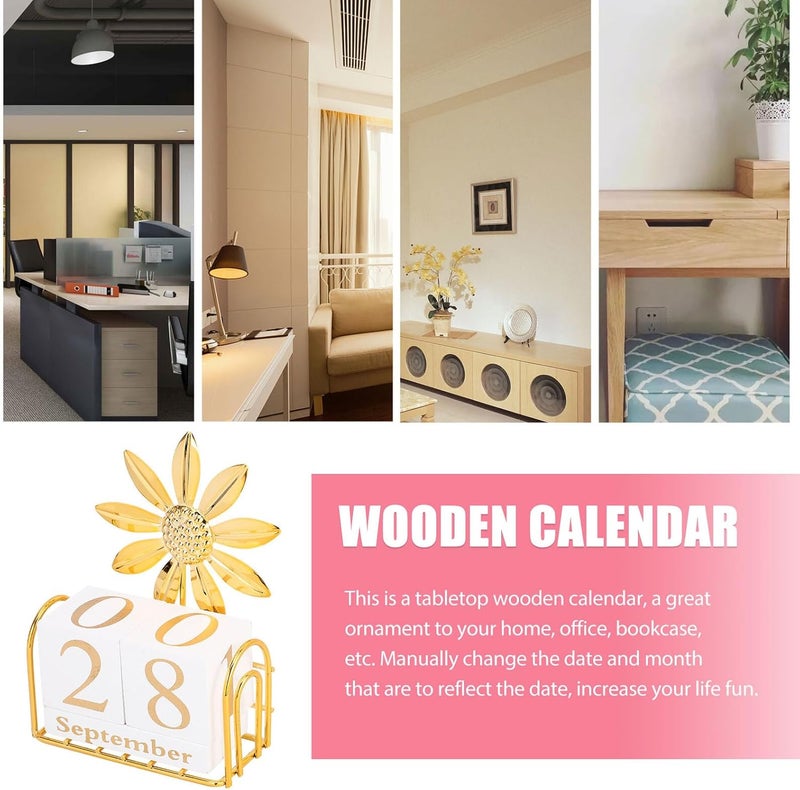 Wooden Perpetual Block Calendar Sunflower Design Small Desktop Decorative Calendar for Home and Office Reusable Household Wood Desk - Image 3