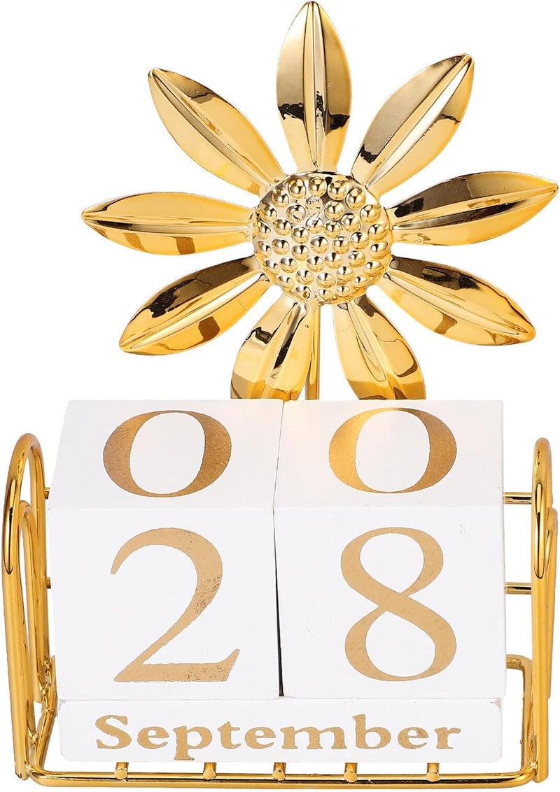 Wooden Perpetual Block Calendar Sunflower Design Small Desktop Decorative Calendar for Home and Office Reusable Household Wood Desk - Image 1
