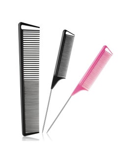 Patelai 3 Pieces Pintail Comb Rat Tail Comb Carbon Fiber Cutting Comb Set Stainless Steel Pintail Comb Teasing Comb Parting Comb Wide And Fine Teeth Comb For Braids Hair Salon Home Supplies Black  - Image 2