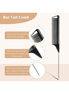 Patelai 3 Pieces Pintail Comb Rat Tail Comb Carbon Fiber Cutting Comb Set Stainless Steel Pintail Comb Teasing Comb Parting Comb Wide And Fine Teeth Comb For Braids Hair Salon Home Supplies Black  - Image 5