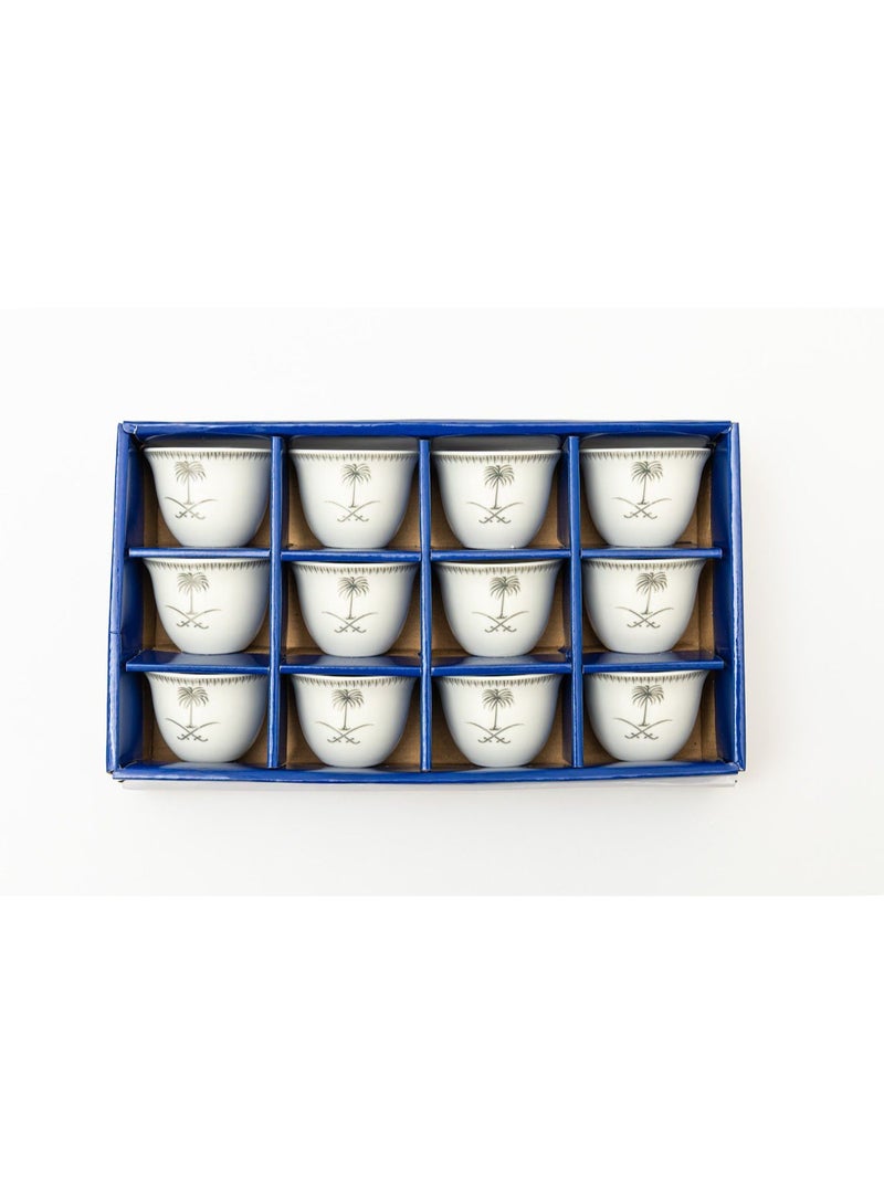 ALSAHAH Saudi Traditional Coffee Cups Set of 12 with Palm & Swords Design – Premium Arabic Hospitality Cups - Image 1