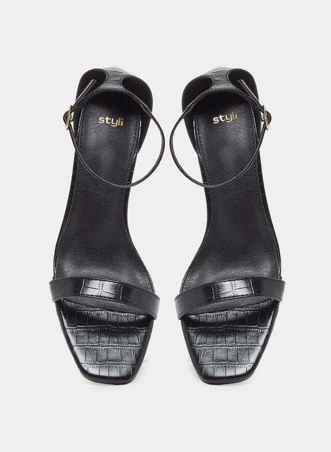 Styli Plain Ankle Strap Block Heel Sandals